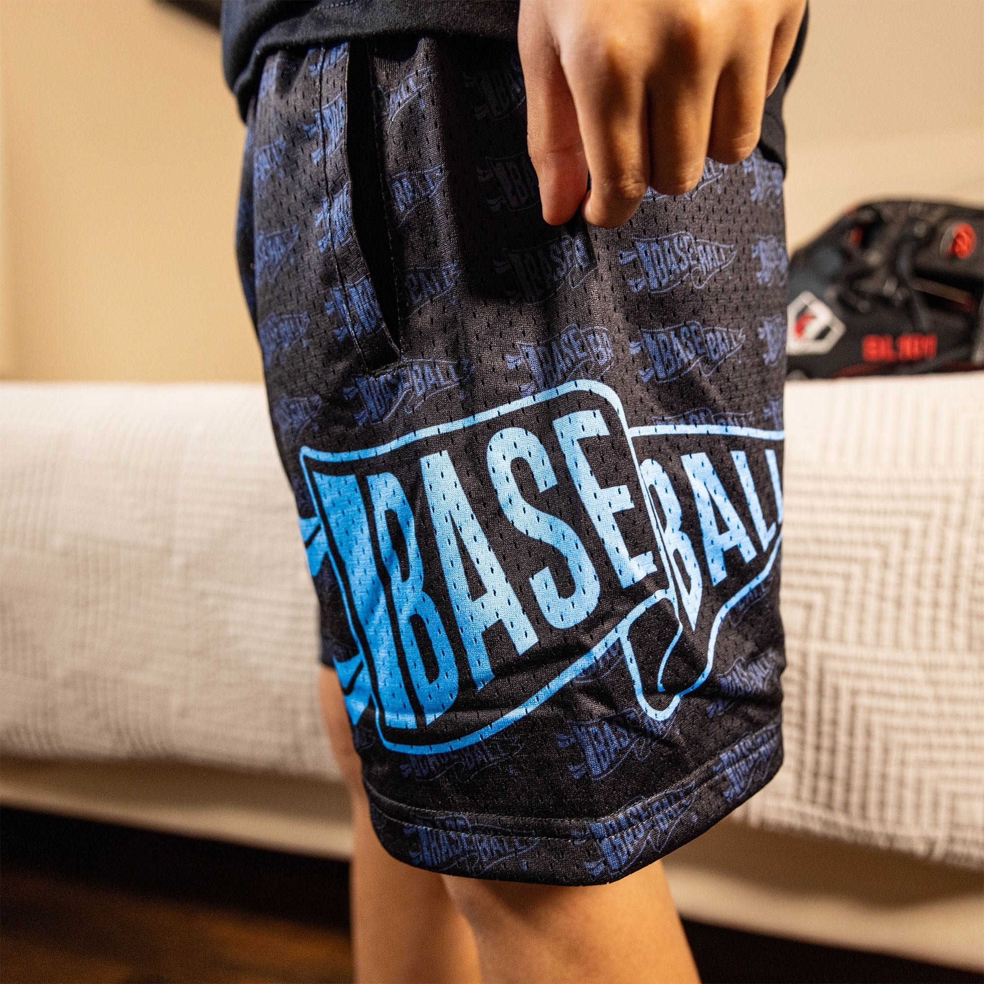 Pennant Shorts - Black/Light Blue Mesh Athletic Shorts with Pockets