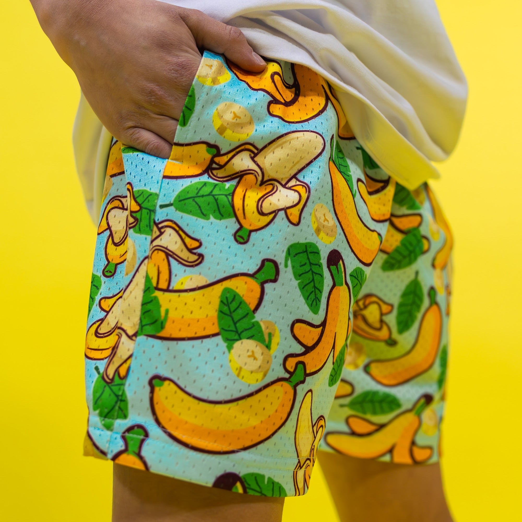 Banana Shorts - Tropical Mesh Shorts with Allover Banana Print, 5" Inseam