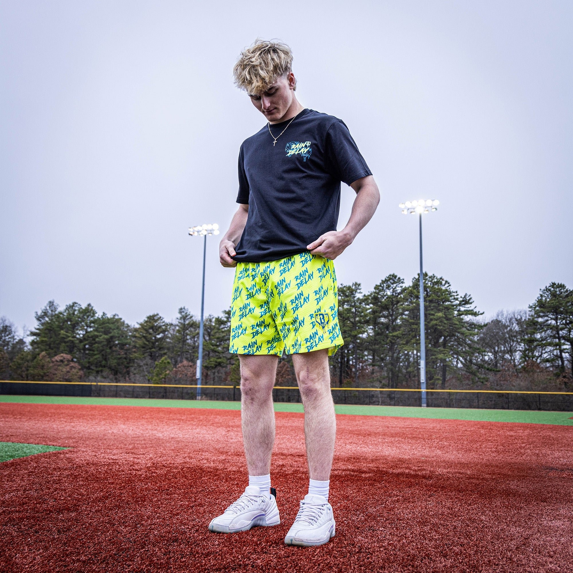Rain Delay Shorts - Yellow/Blue Mesh Athletic Shorts with Allover Print