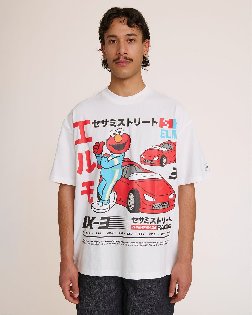 Elmo Tokyo Drift White Oversized T-Shirt Sesame Street Unisex 100% Combed Cotton Tee