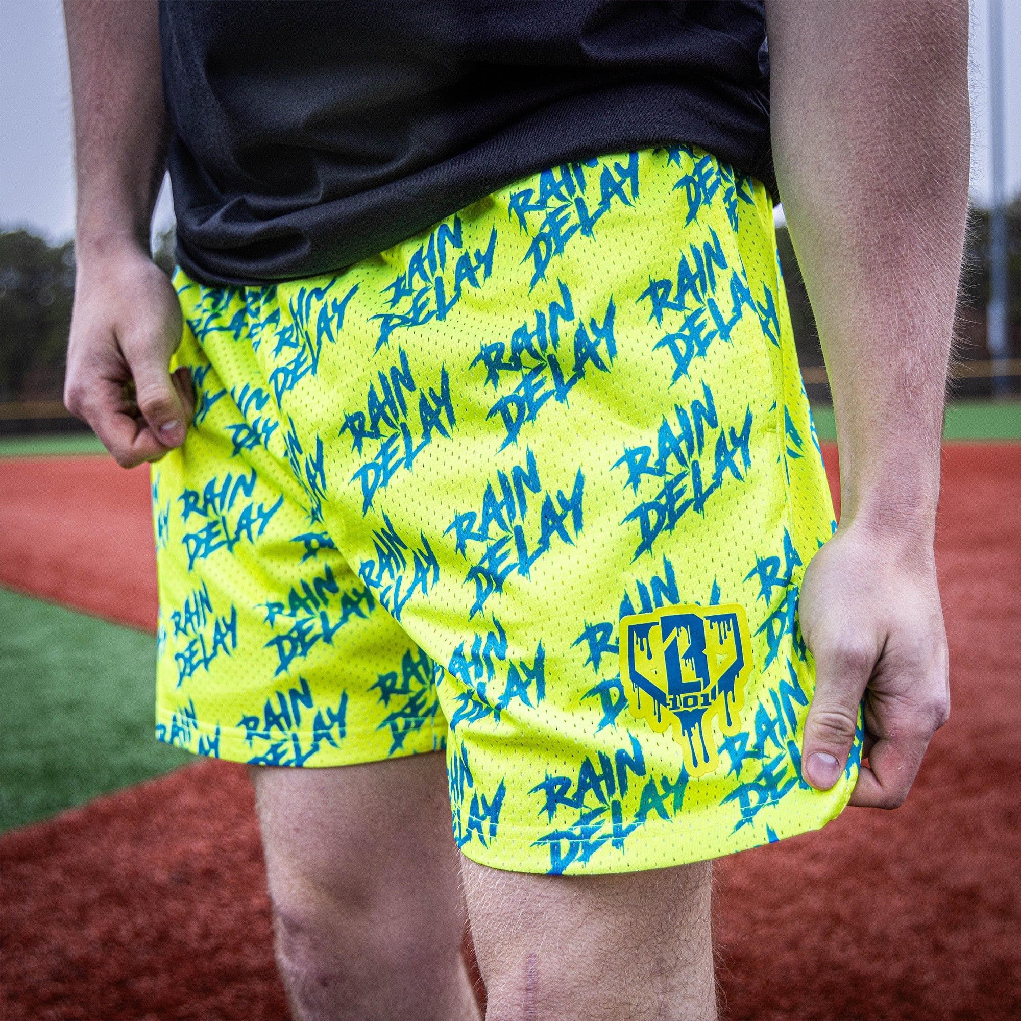 Rain Delay Shorts - Yellow/Blue Mesh Athletic Shorts with Allover Print