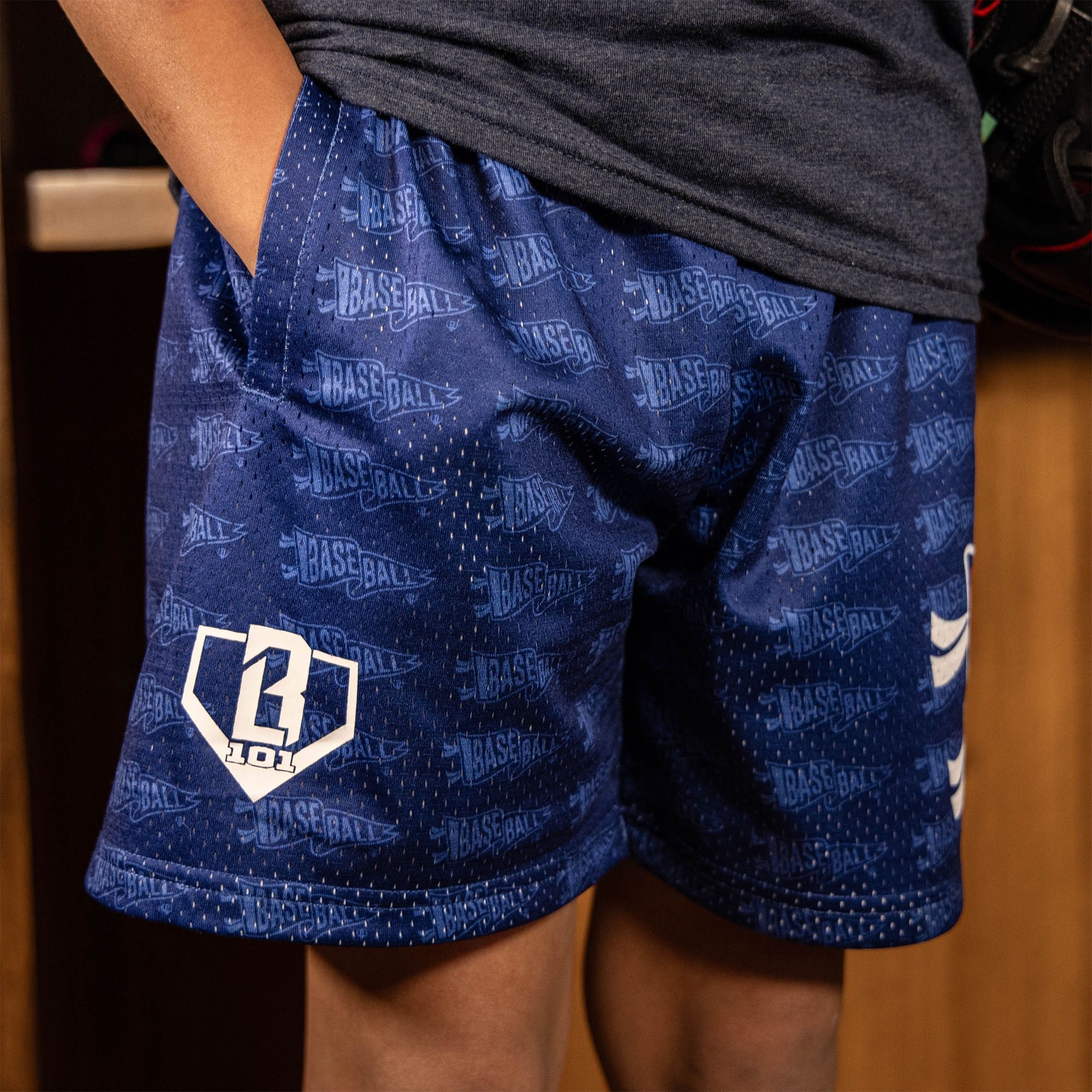 Pennant Shorts - USA Baseball Mesh Shorts with Allover Pattern and Pockets