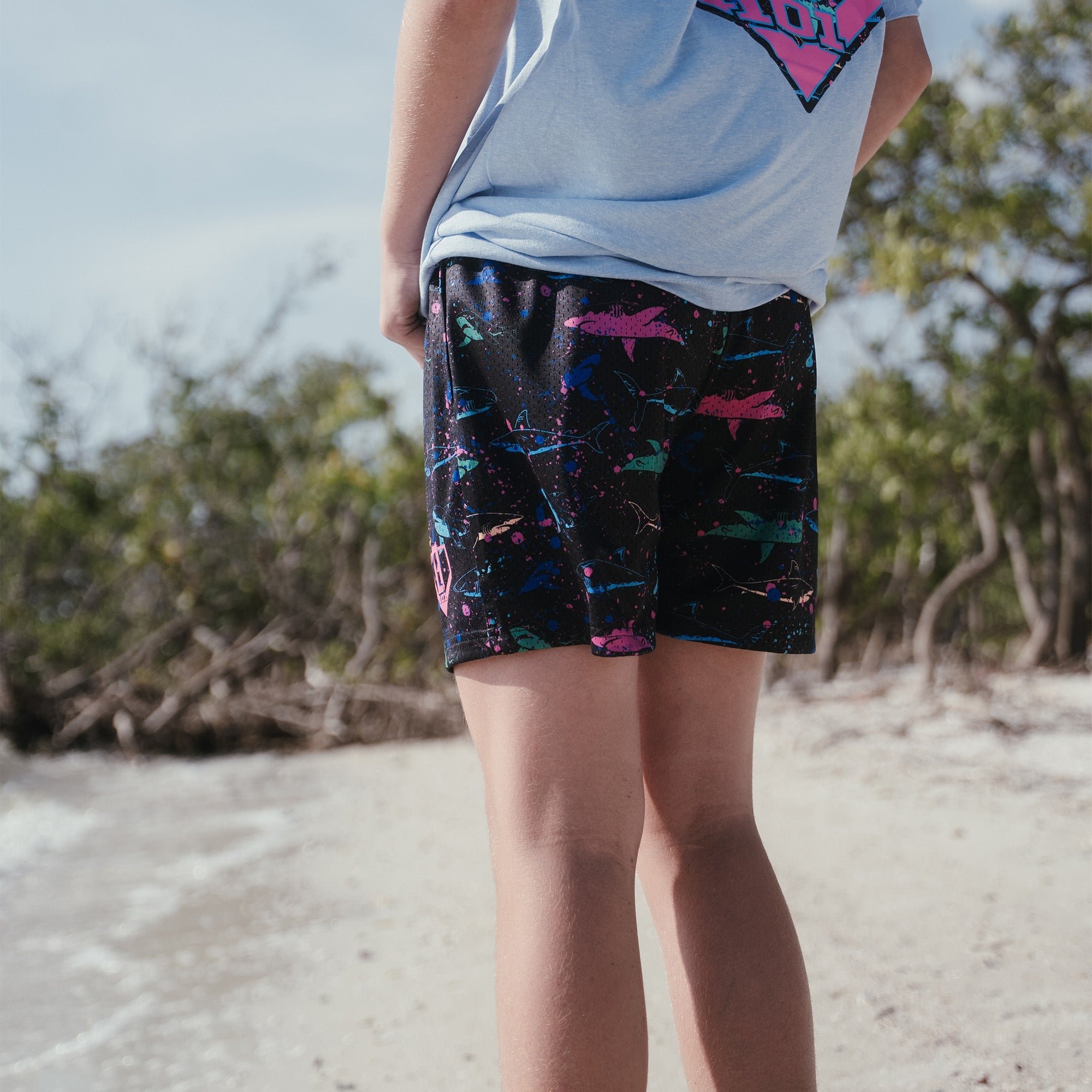 Shark Shorts - Neon Shark Print Mesh Athletic Shorts with Pockets
